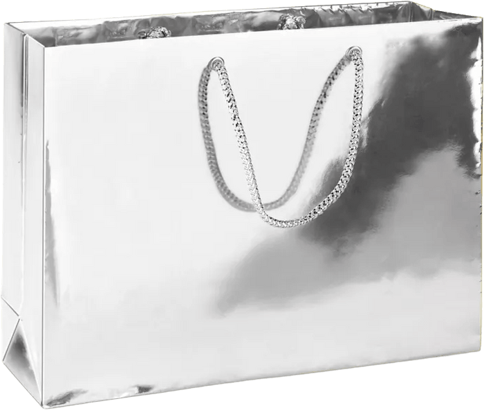 Silver metallic gift bag with chain handles