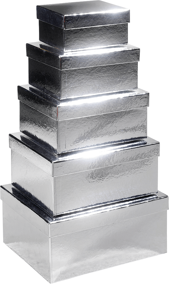 Stack of silver metallic gift boxes